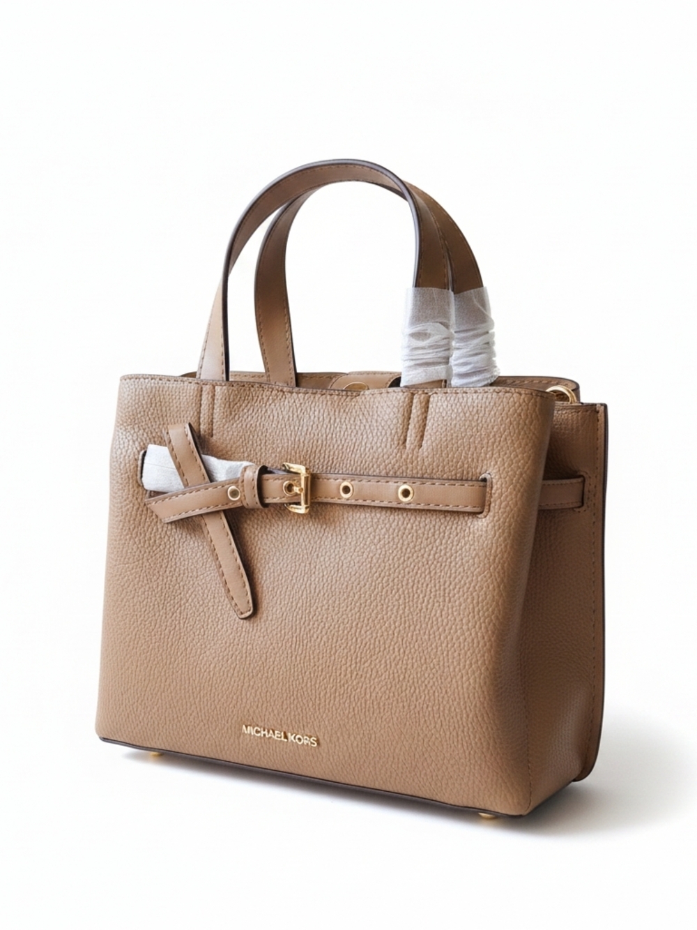 Michael Kors Emilia Small Satchel Leather Husk Brown Crossbody Bag NEW